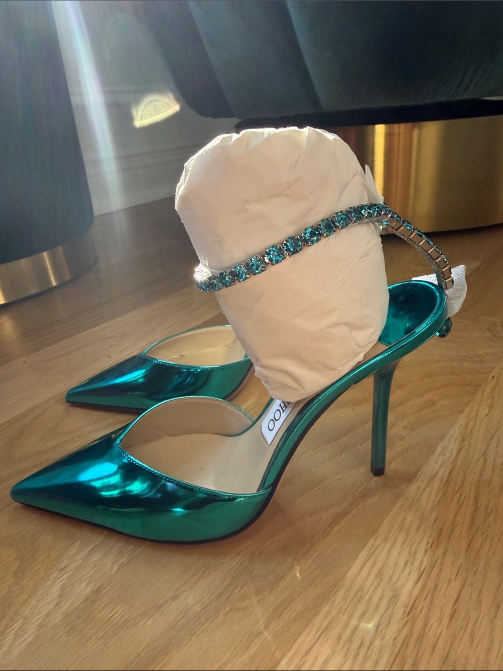 Jimmy Choo Saeda 100 Metallic Teal Pointed Toe Heels with Crystal Anklet - Picture 12 of 16